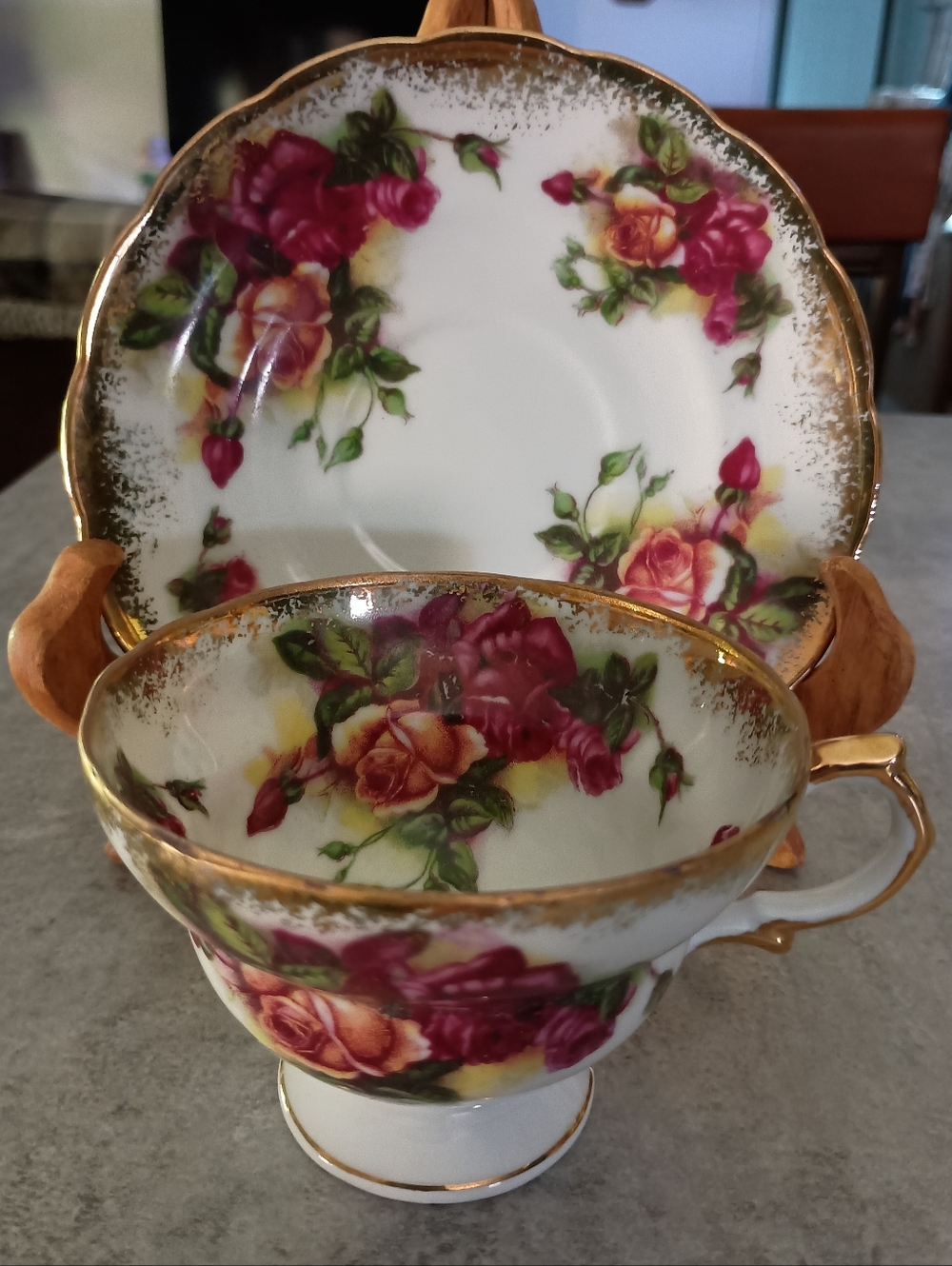 Fine Bone China Teacup and Saucer Set - Rose Floral, Gold Trim